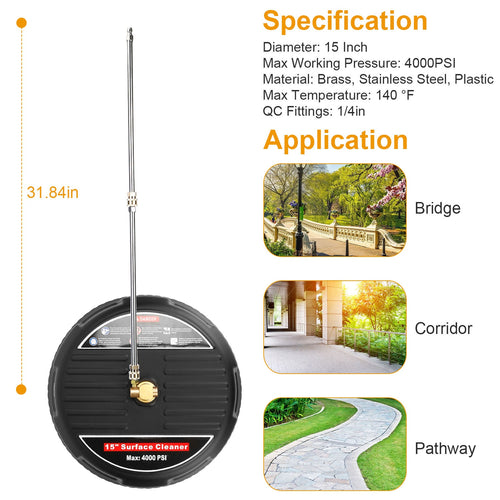 1 Set 15in High Pressure Flat Surface Cleaner 4000PSI Disc Power Washer Broom - Image 2
