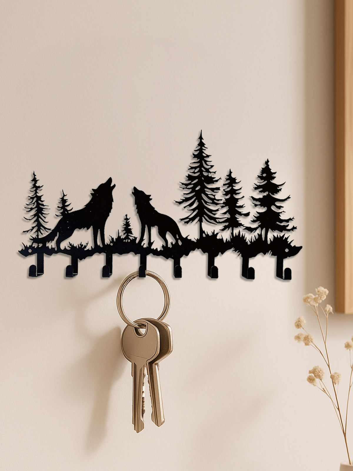 rustic wolf wall-mounted key holder with hooks