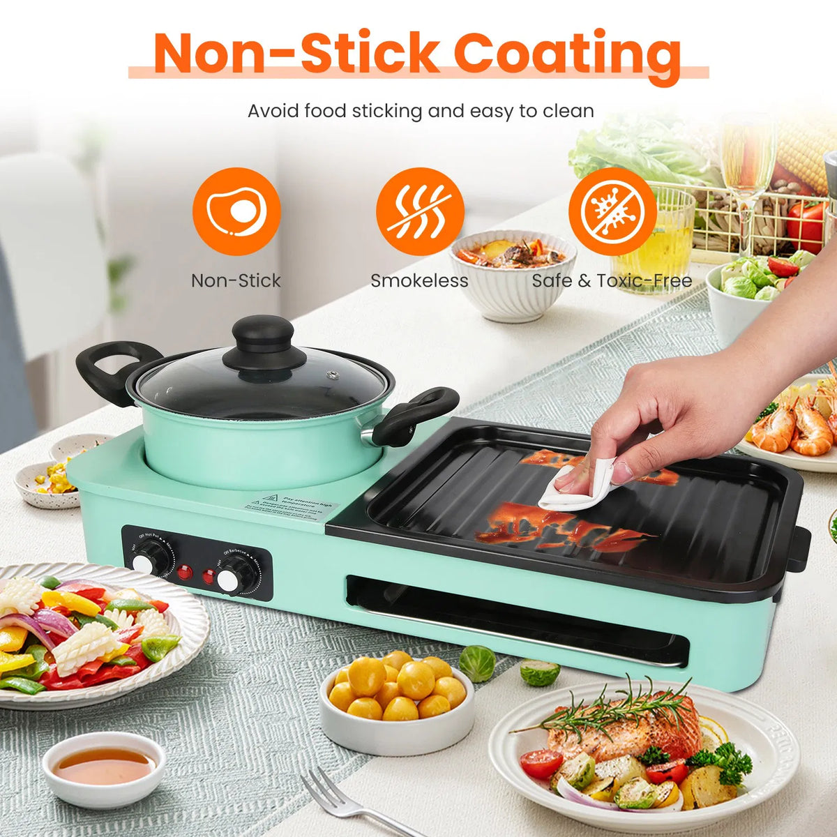 Electric Hot Pot with Grill 1600W 3 in 1 Smokeless Raclette Table Grill for - Image 4