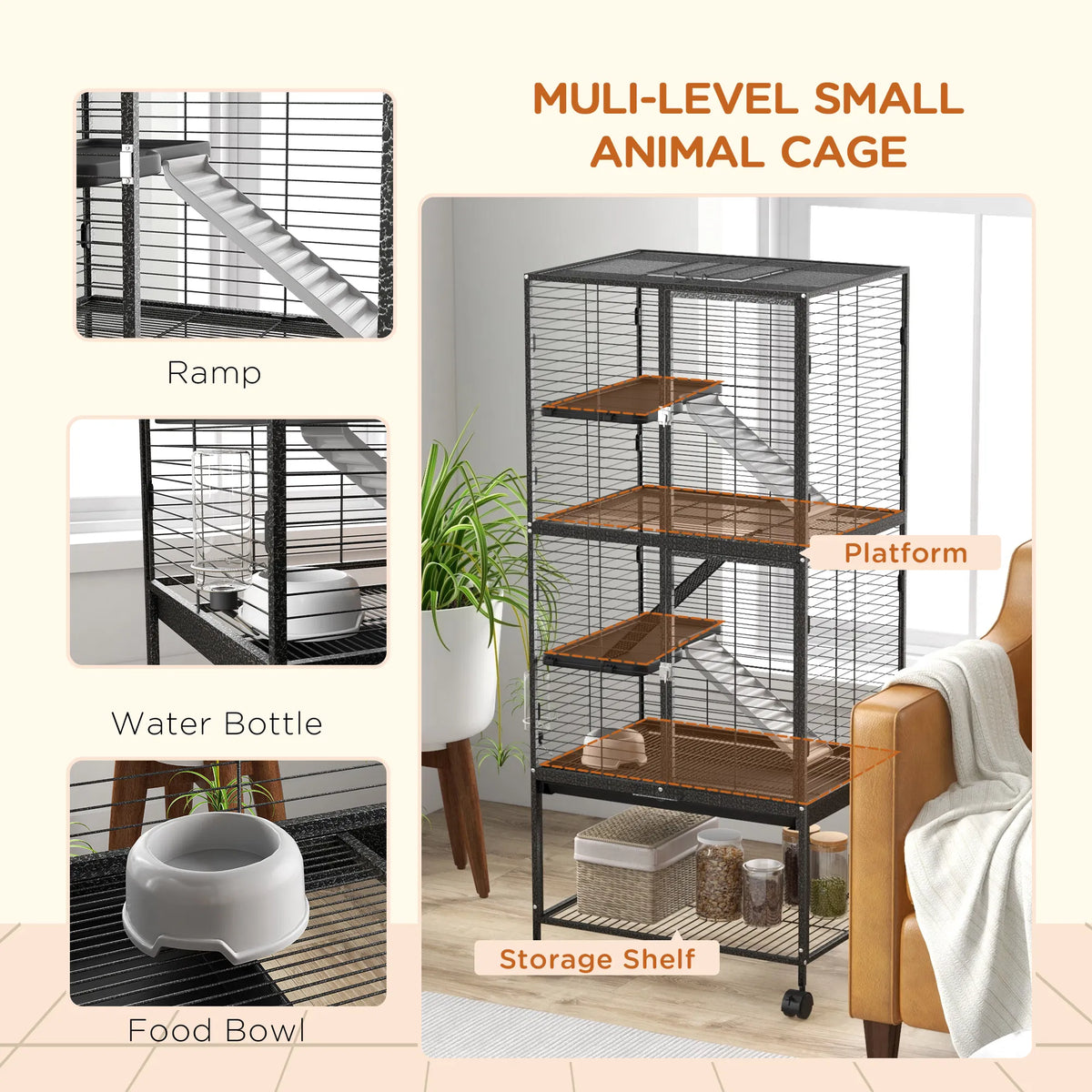 Rolling Small Animal Cage 53.5"H Chinchilla Cage for Ferrets Squirrels w/ - Image 2