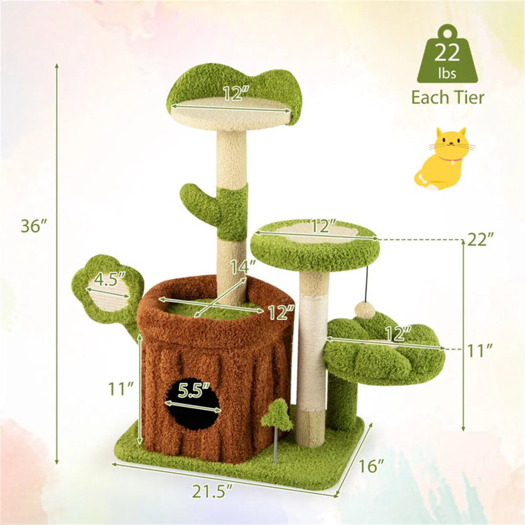36" Jungle Theme Cat Tree Washable Peach Skin Sisal Scratching Post & - Image 5
