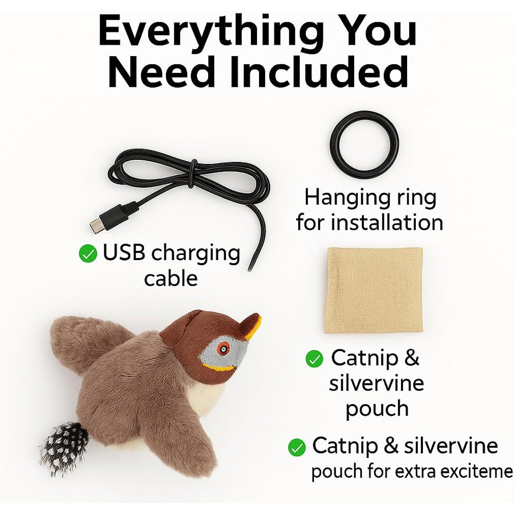 USB Rechargeable Flapping Bird Cat Toy Realistic Chirping White Faced Sparrow - Image 3