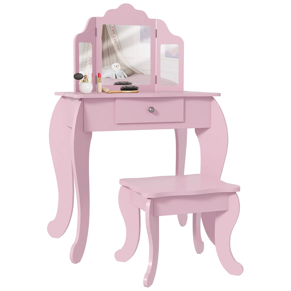 Kids Vanity Table and Stool Makeup Vanity Girls Dressing Table Set with - Image 3