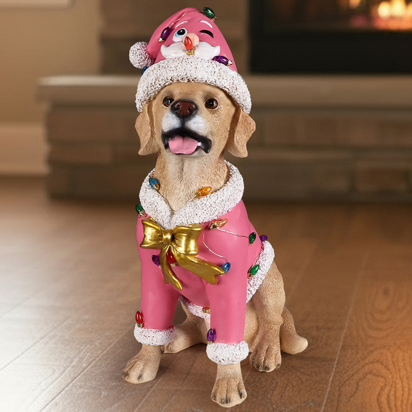 Christmas Labrador Retriever Statue Holiday Dog Figurine in Pink Santa Outfit - Image 4
