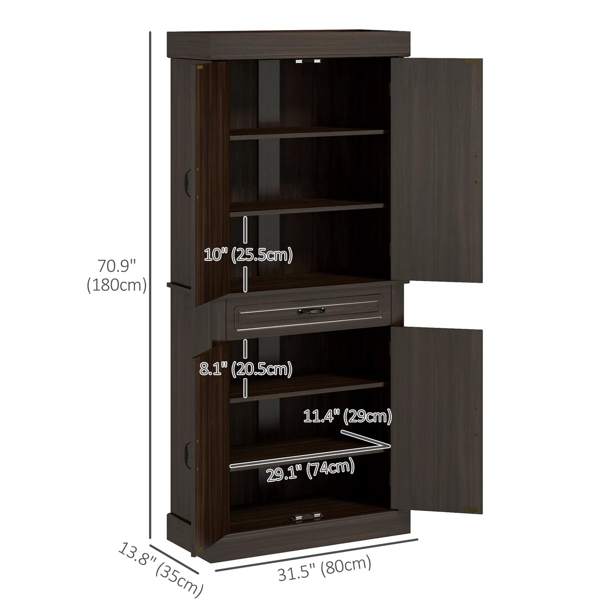71" Freestanding Kitchen Pantry with 4 Doors and 2 Cabinets Tall Storage - Image 3