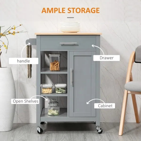 Compact Kitchen Island Cart on Wheels Rolling Utility Trolley Cart Grey AS