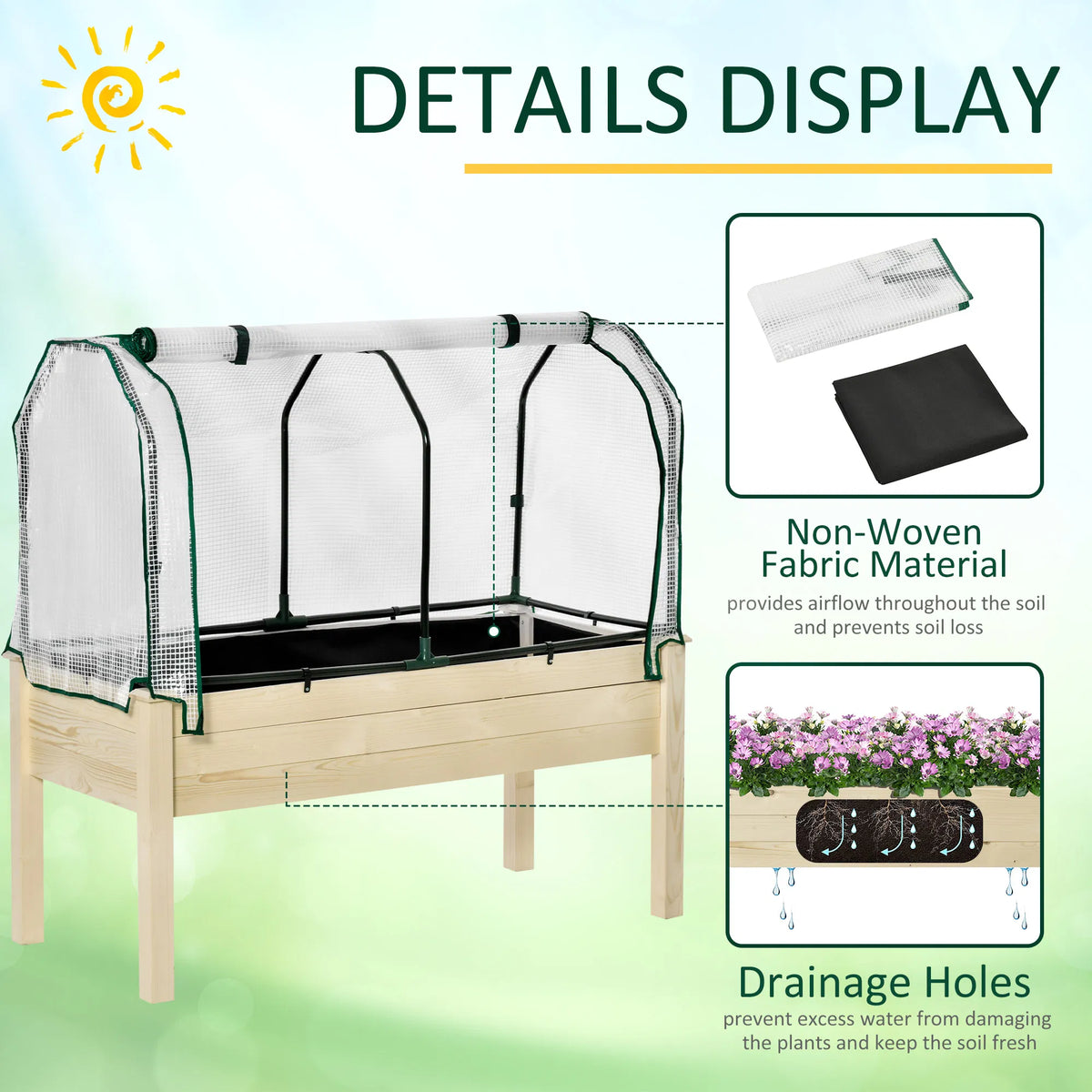 Raised Garden Bed with PE Greenhouse Cover Outdoor Elevated Wood Planter Box - Image 2