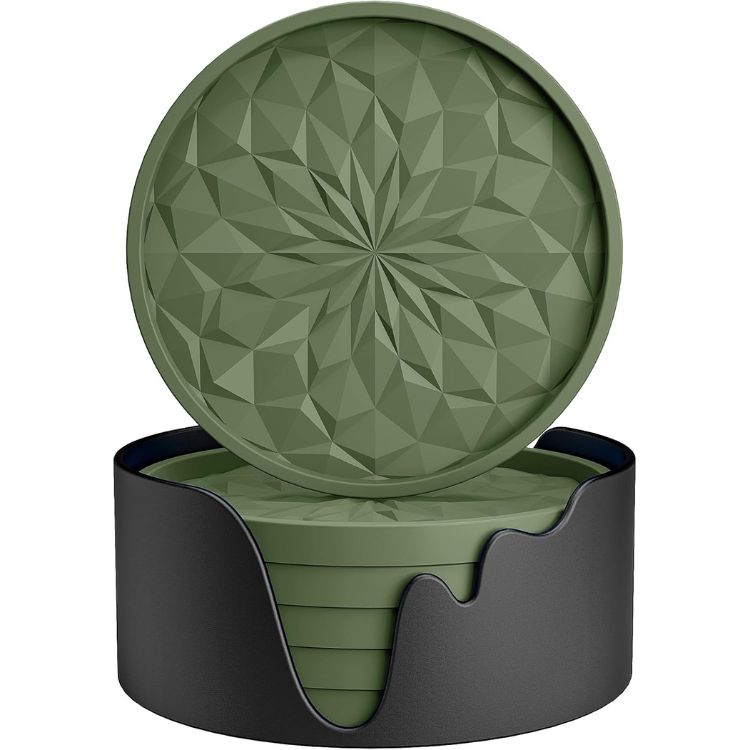 6 Piece Olive Green Silicone Coaster Set With Holder Thick Non Slip Cup Mats - Image 2