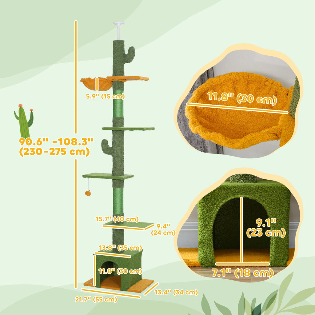Floor to Ceiling Cat TreeTower with 90.5" 108" Adjustable Height Scratching