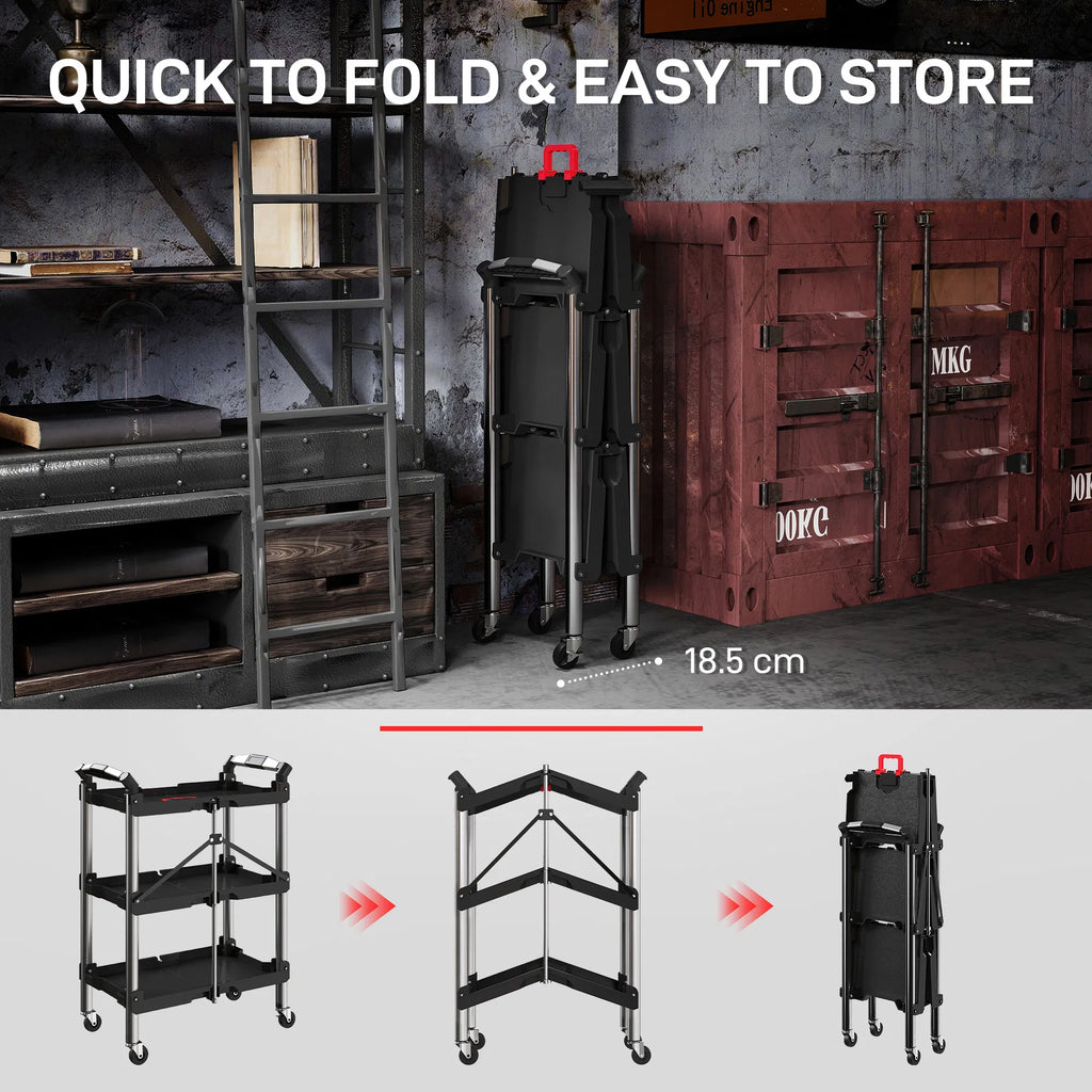 3 Tier Collapsible Tool Cart with Wheels 150 LBS Capacity Folding Utility Cart - Image 3