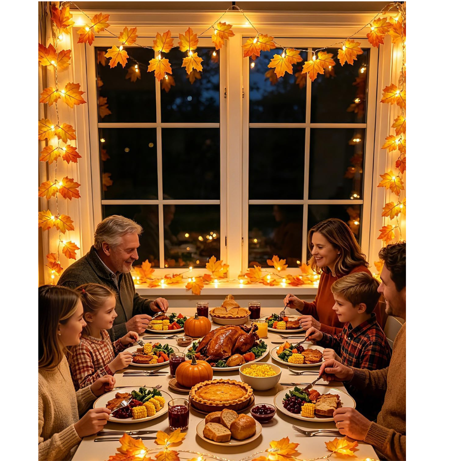 2 Pack Lighted Fall Garland 16.4ft Total 40 LED Autumn Maple Leaf String