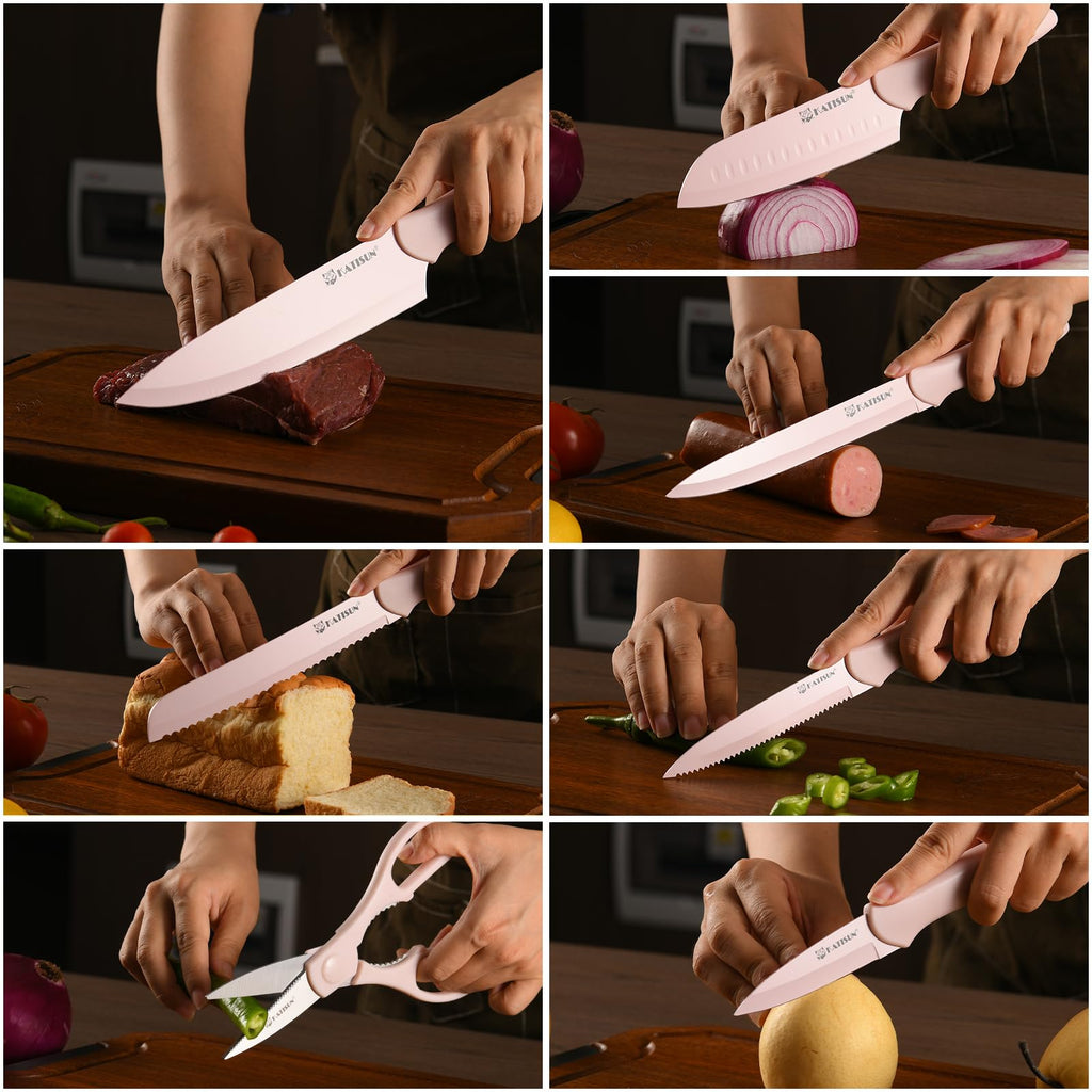 Kitchen Knife Set With Guards 13 Piece Pink Non Stick Boxed Knives Set