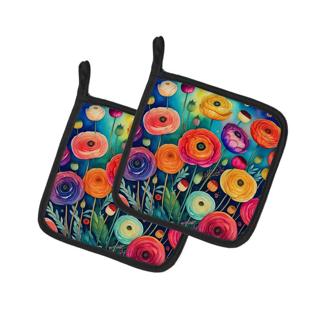 Colorful Ranunculus Pair of Pot Holders Kitchen Heat Resistant Pot Holders Sets