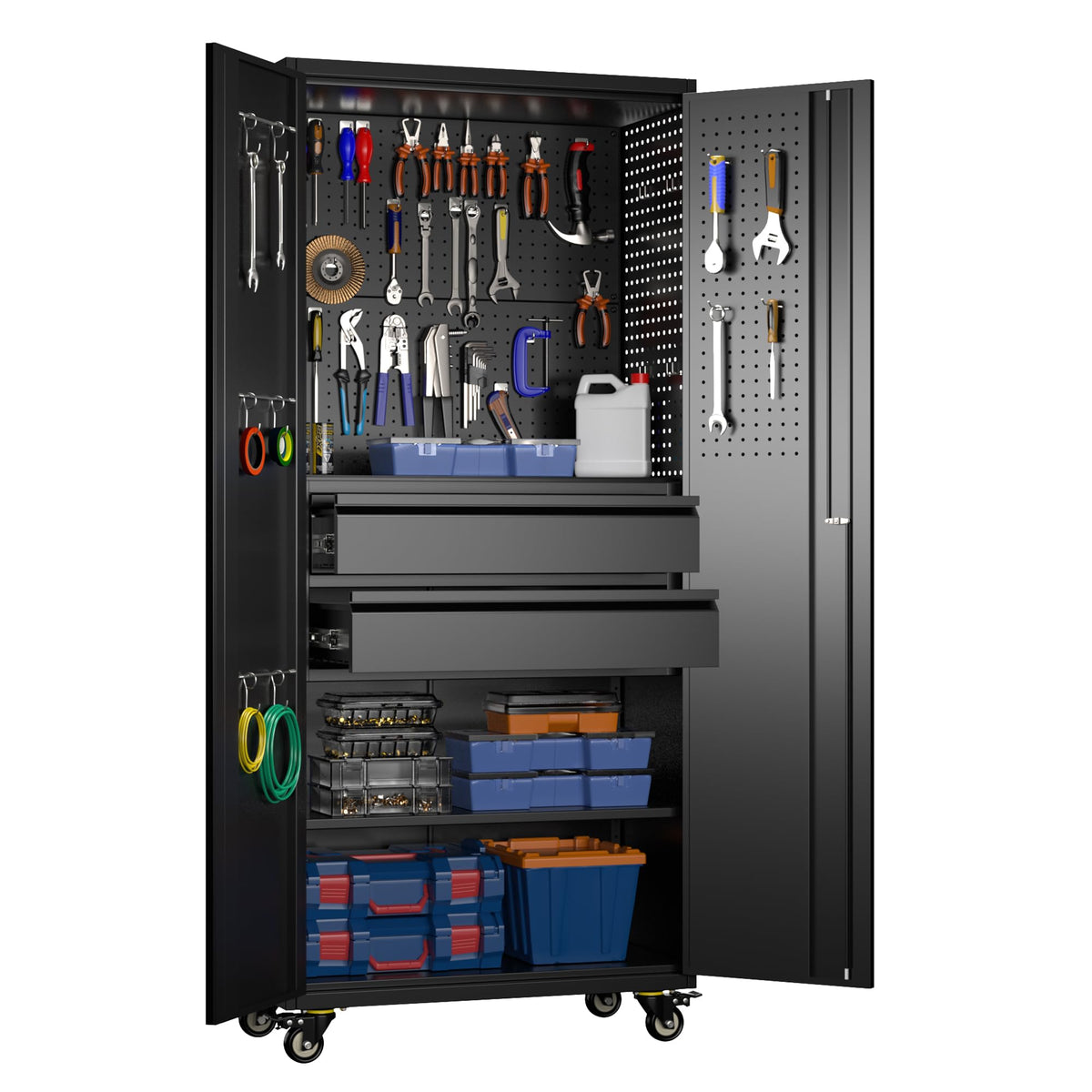 METAN 71inch Lockable Metal Tool Cabinet With 2 Drawers 4 Wheels & Pegboards - Image 2