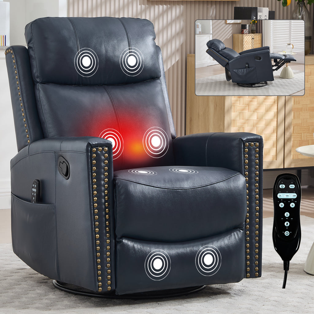 Blue Genuine Leather Heat Massage Manual Recliner Chair with Rocker and Swivel - Image 2