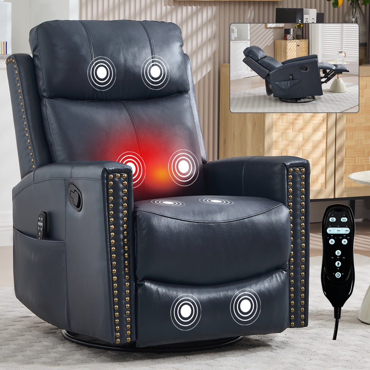 Blue Genuine Leather Heat Massage Manual Recliner Chair with Rocker and Swivel - Image 2