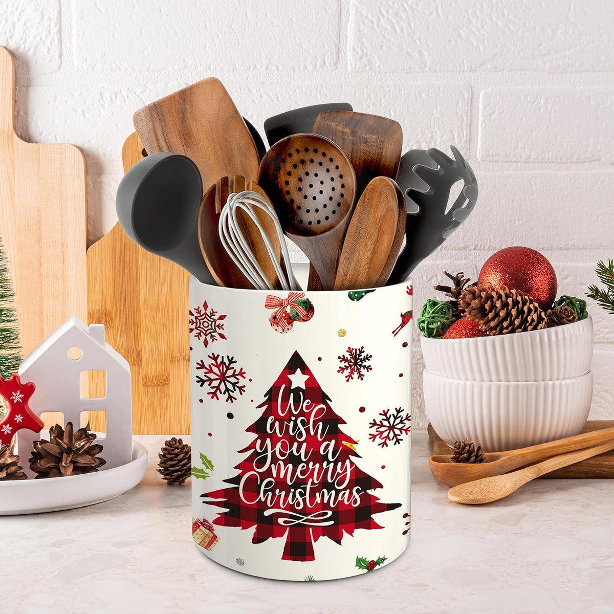 Christmas Kitchen Decor Christmas Tree Ceramic Utensil Holder Festive - Image 5