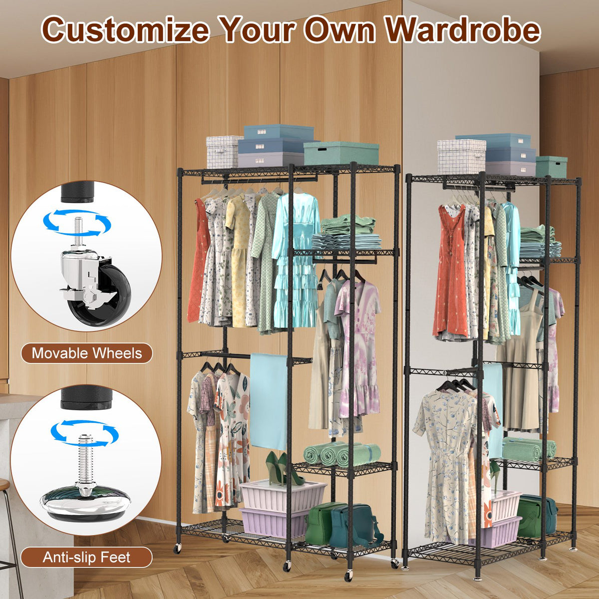 1Pc 4 Tier Heavy Duty Garment Rack With Wheels Carbon Steel Clothing Rack - Image 3