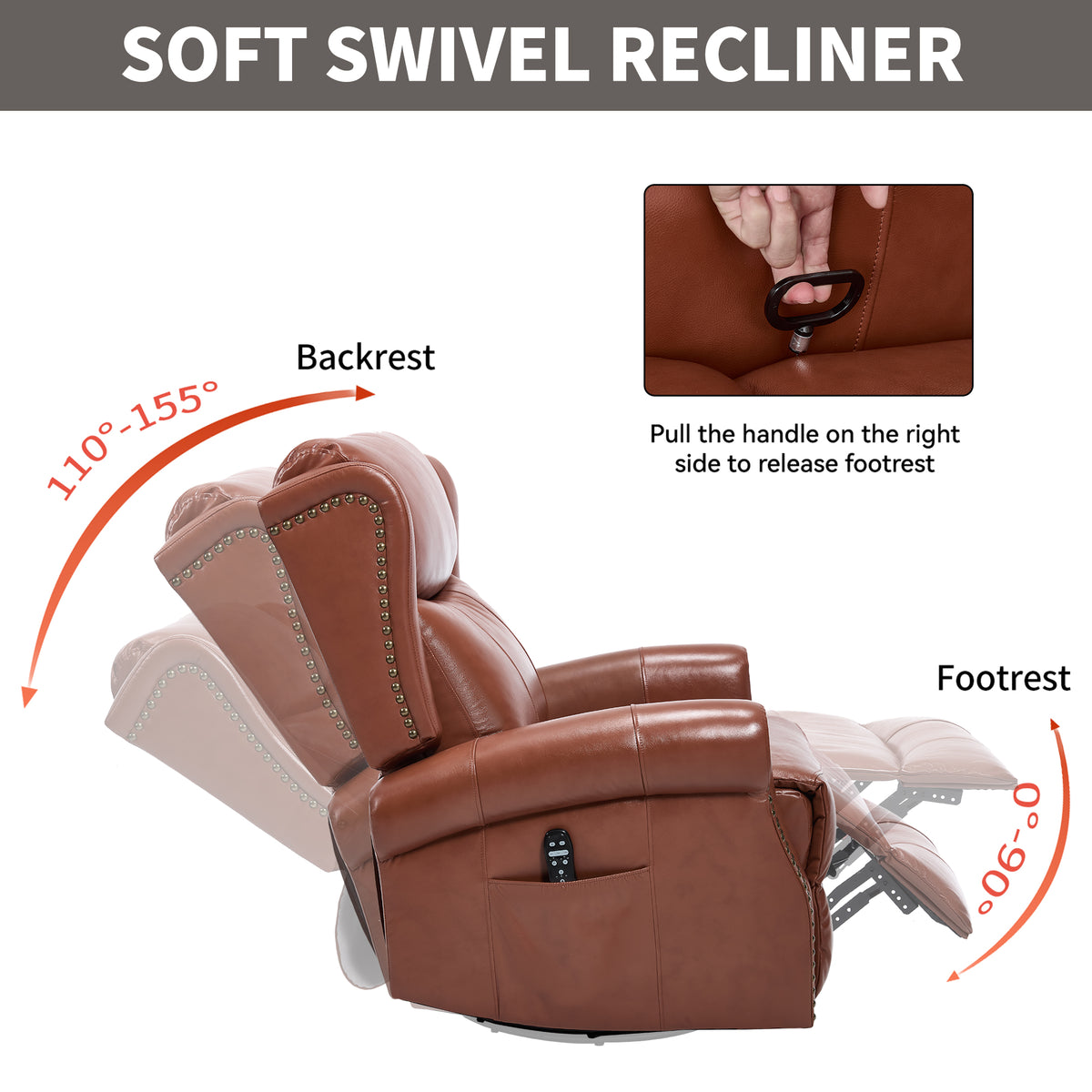 Heat Massage Manual Recliner Chair with Rocker and Swivel in Genuine leather