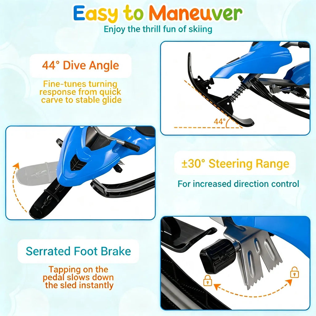 2 in 1 Kids Snow Racer Sled with Tow Rope 30 Steering & Dual Foot Brakes