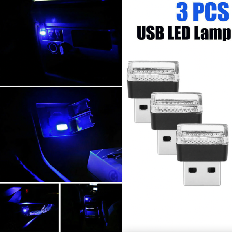 3x Mini Blue LED USB Car Interior Light Neon Atmosphere Ambient Lamp Accessories - Image 3