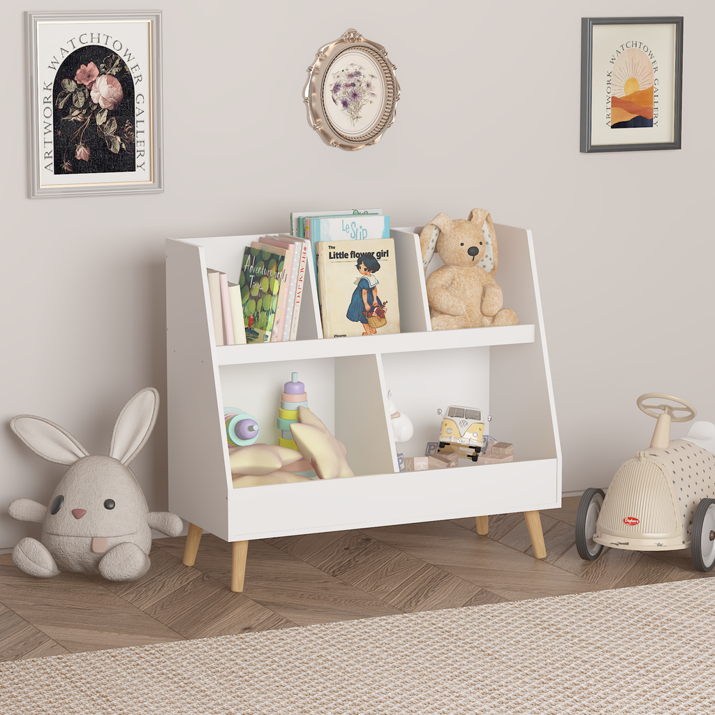 Kids Bookshelf And Toy Organizer 5 Cubbies Wooden Open Bookcase 2 Tier - Image 3