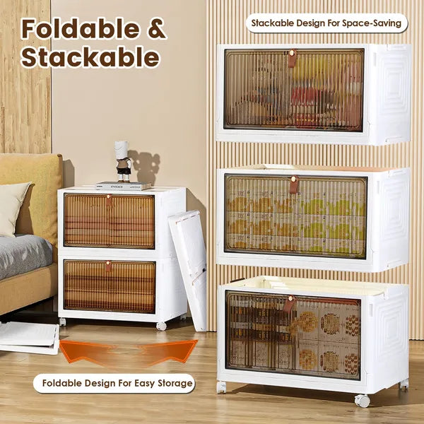 4-Tier Foldable Stackable Storage Bins with Lids and Magnetic Front Doors - Compact Placement on Shelf View
