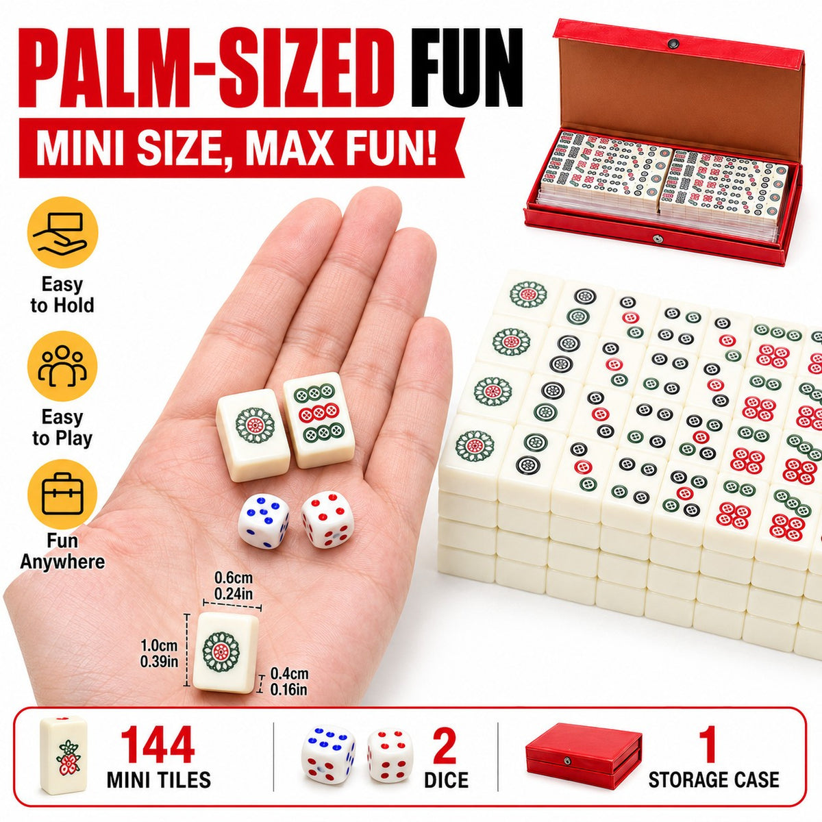 Pocket Mahjong Set 144 Mini Tiles 2 Dice Red Case Family Travel Games Gifts Toys - Image 2