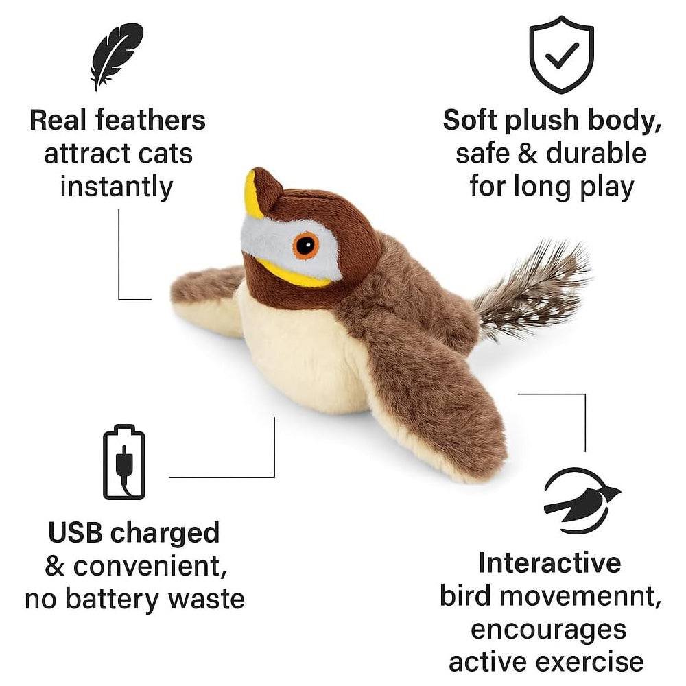 USB Rechargeable Flapping Bird Cat Toy Realistic Chirping White Faced Sparrow - Image 5