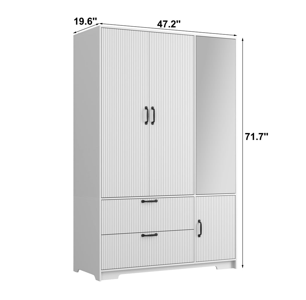 72in Four-Door Wardrobe Closet with Mirror, Drawers and Interior Light