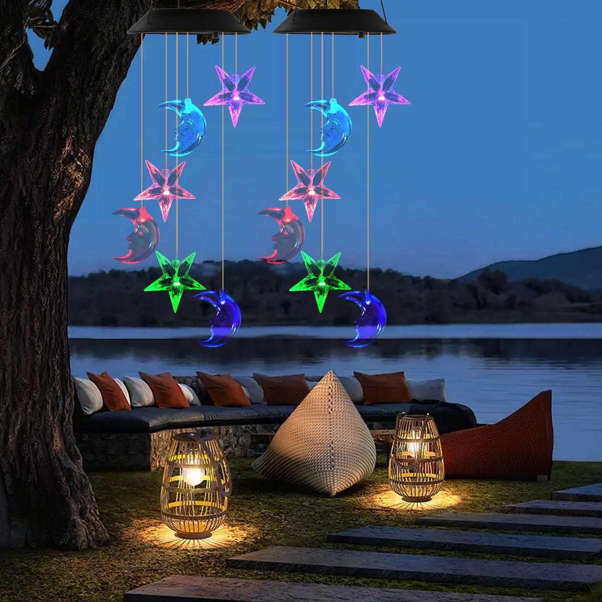 1Pc 2Pc Quantity Options Solar Moon And Star Wind Chime 7 Color Changing Wind