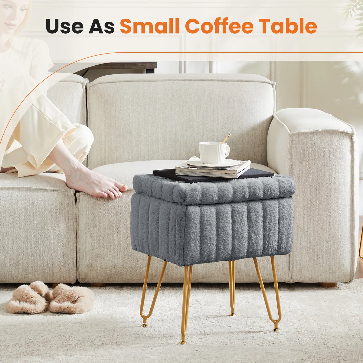 Vanity Stool Chair with Storage Ottoman Faux Fur Soft Padded Makeup Footstools - Image 3