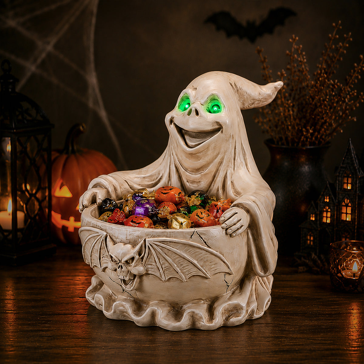 Halloween Ghost Storage Bowl Figurine Spooky Candy Dish with LED Light for - Image 3