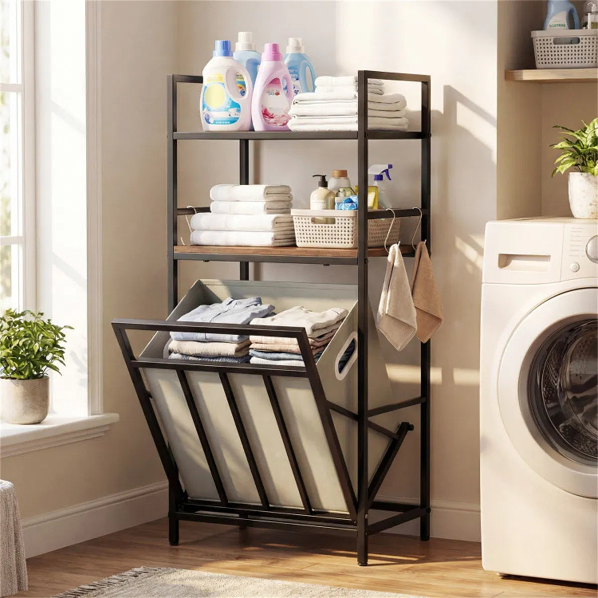 Black Rustic Brown Tilt Out Laundry Hamper Metal Engineered Wood With Shelves - Image 2