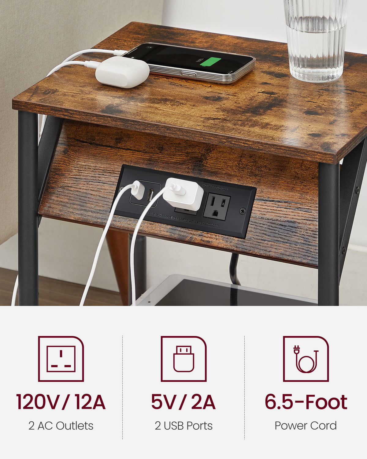 VASAGLE End Table With Charging Station Set Of 2 Small Side Tables - Image 4