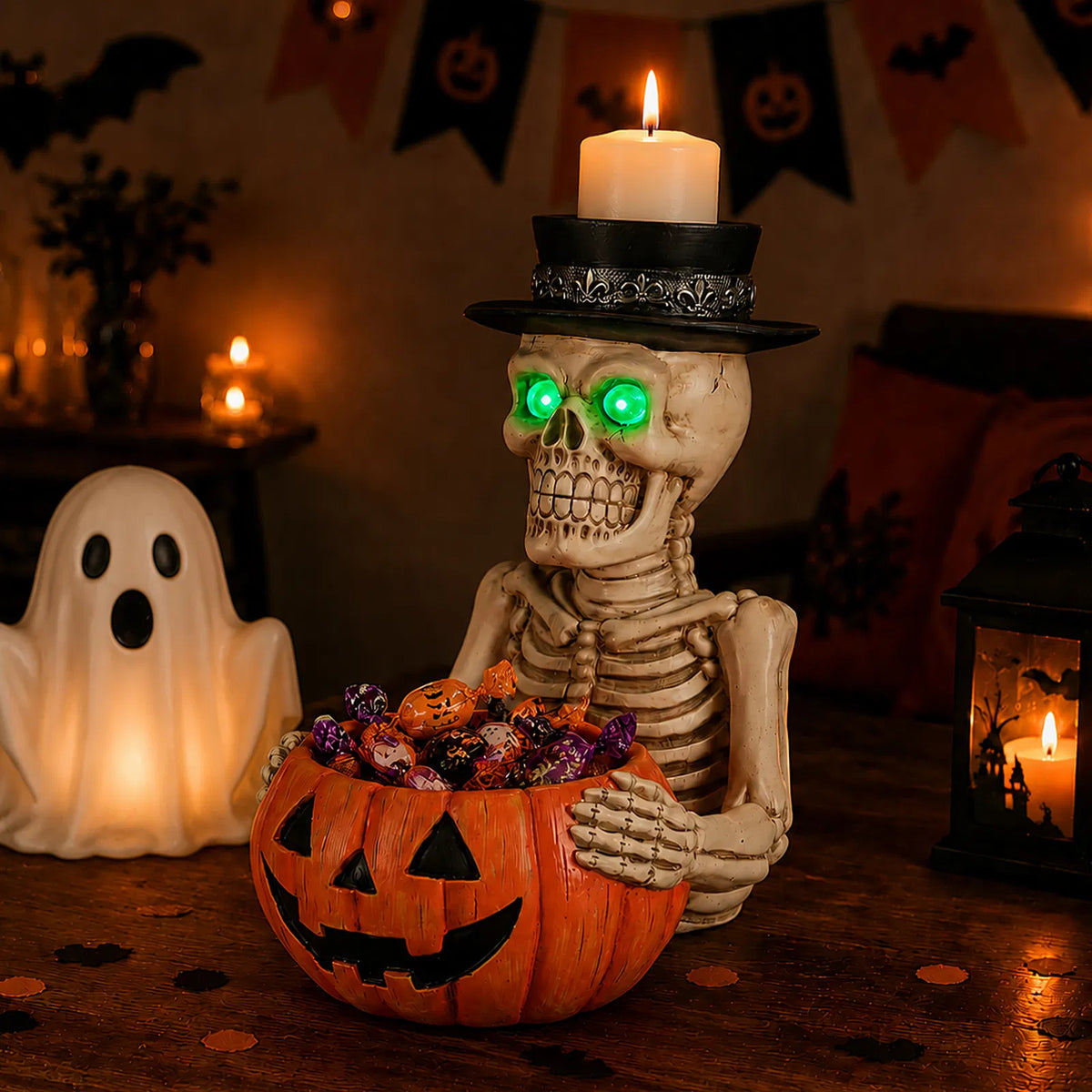 Halloween Resin Skeleton Figurine Candy Dish Glowing Green Eye Design - Image 3