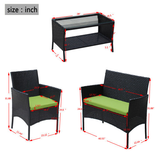 4-Piece Rattan Patio Furniture Set with Green Cushions