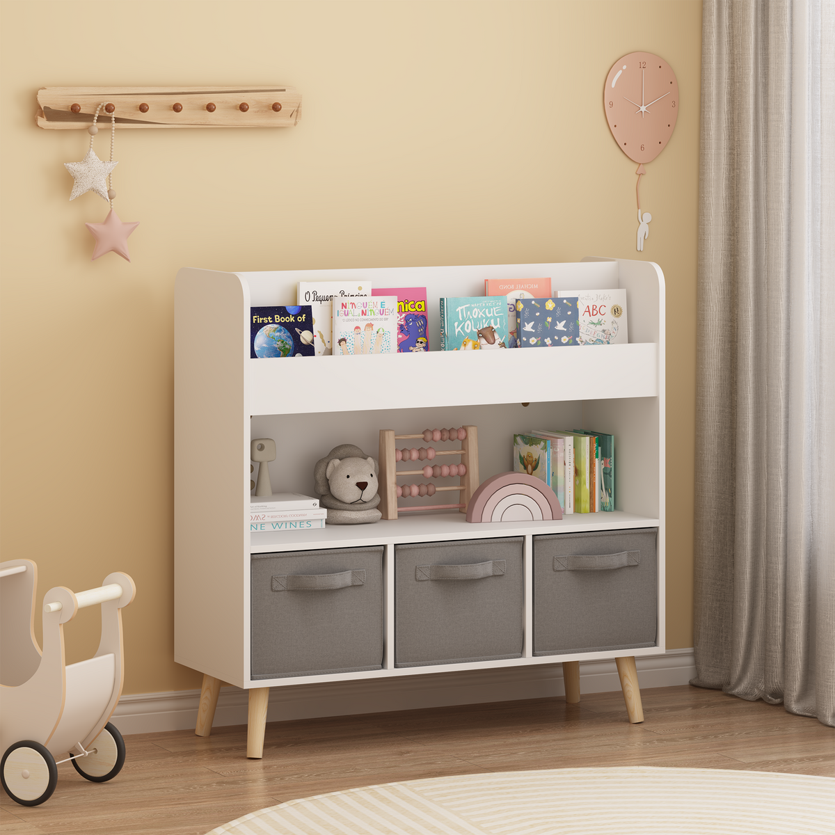 Kids Bookshelf with Three Fabric Storage Bins