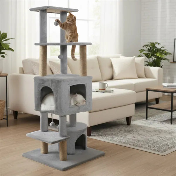 64" Light Gray Cat Tower With Plush Perches & 3 Dangling Balls Jute Scratching - Image 4