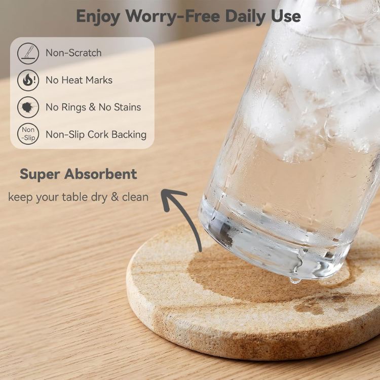 6 Piece Absorbent Sandstone Coaster Set With Holder 4 Inch Round Drink - Image 4