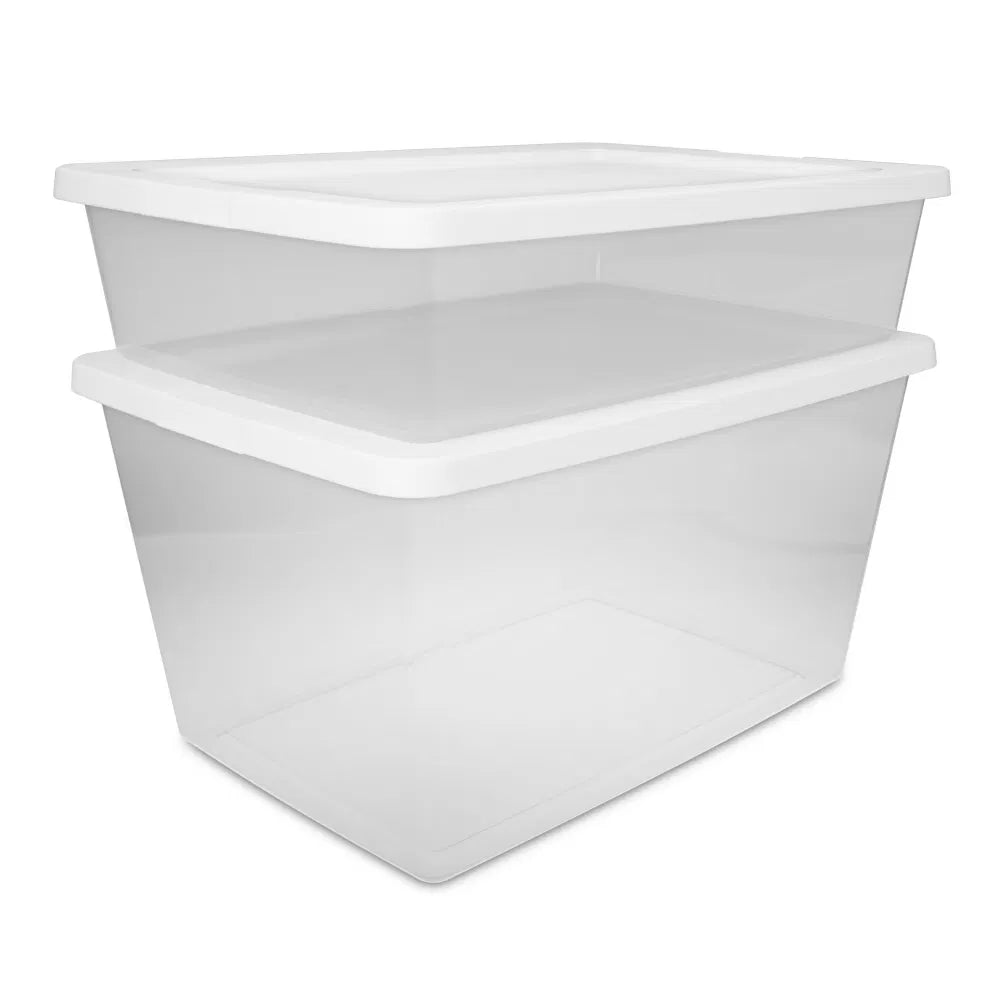 58 Quart Storage Box, Clear Plastic Storage Bin with Snap-on Lid, White, 8 - Compact Placement on Shelf View