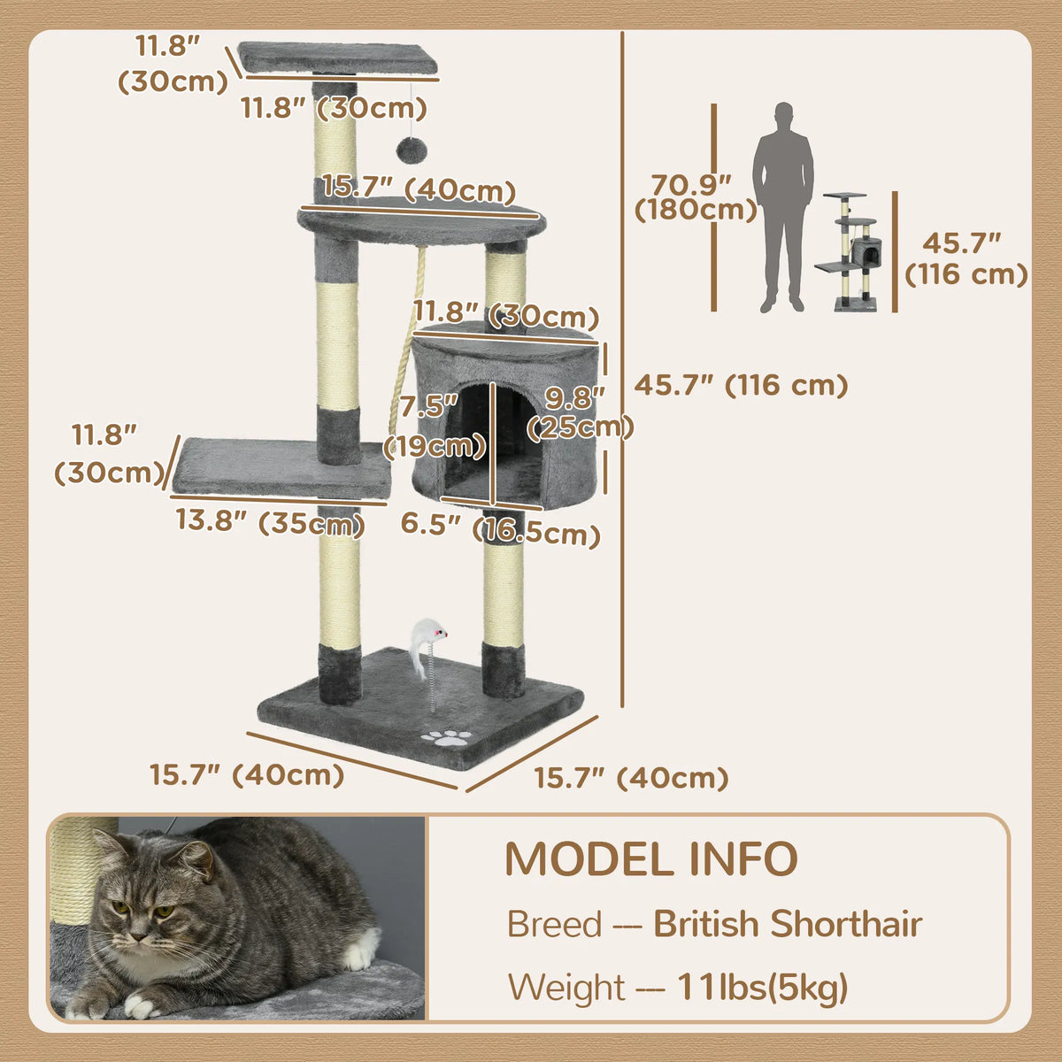 46Inch Scratching Cat Tree Multi Level Cat Tower for Large Cats Adult with - Image 5