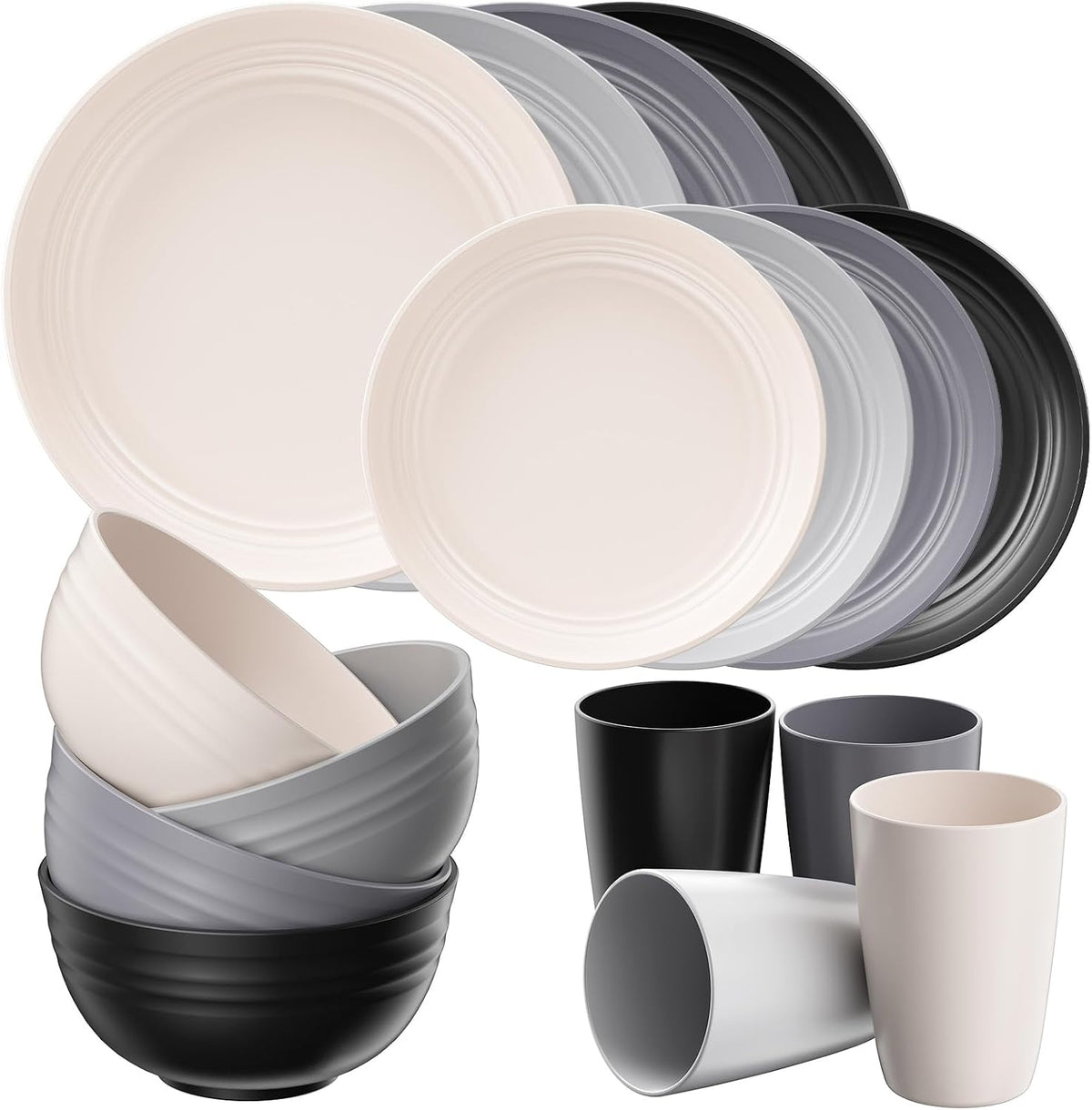 16 Piece Plates And Bowls Set For 4 Plastic Dinnerware Set Lightweight