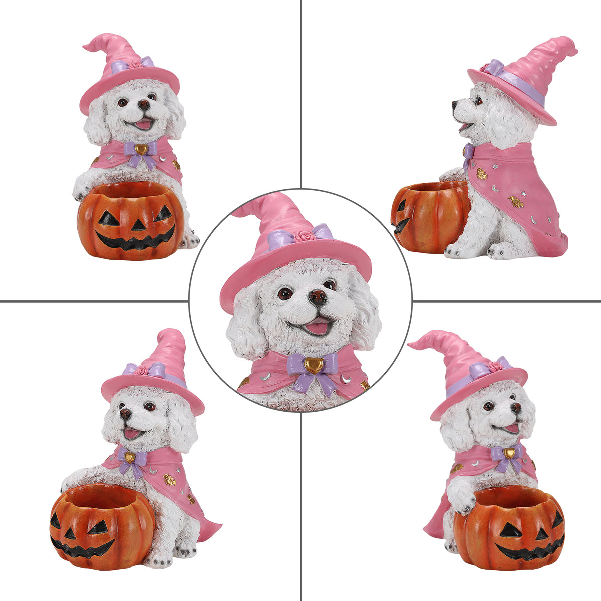 Halloween White Teddy Puppy Figurine Witch Dog Holding Pumpkin Candy Bowl Decoration - Image 2