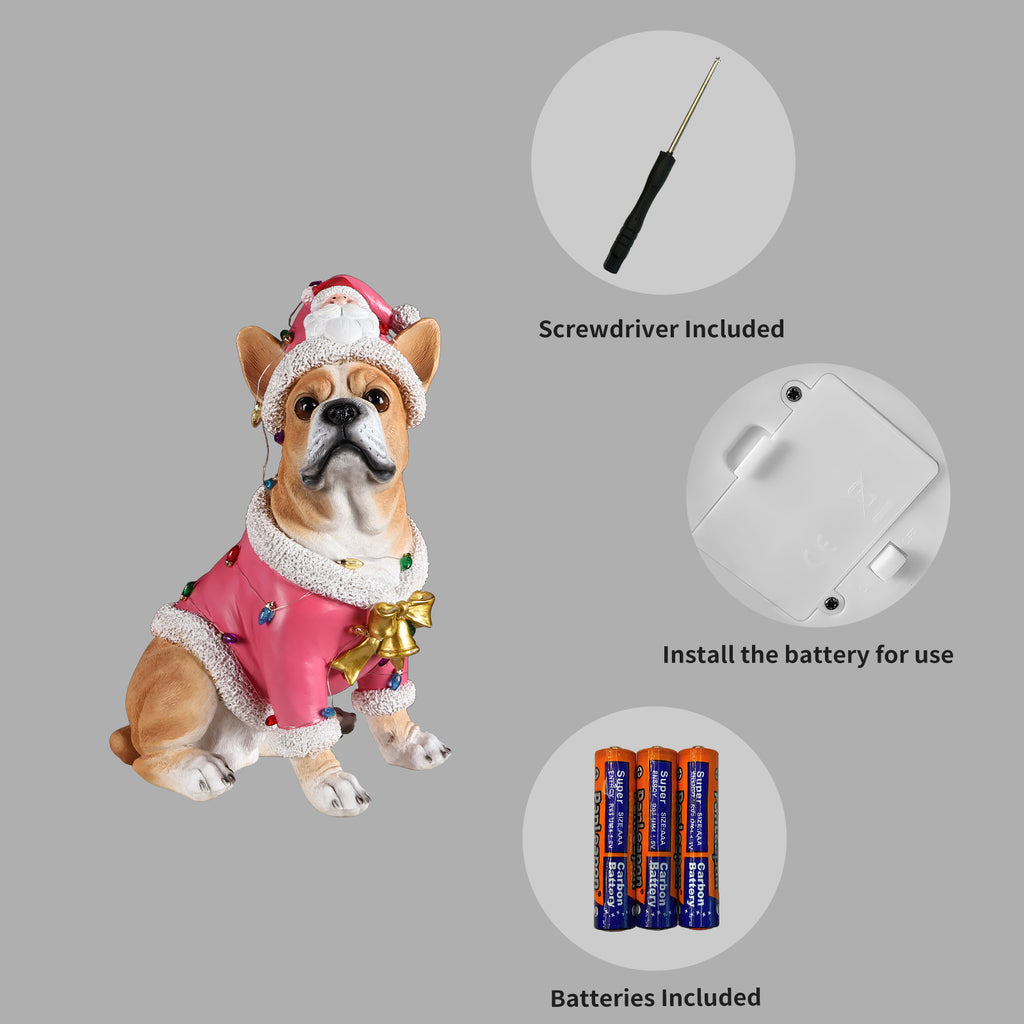 Christmas French Bulldog Statue Holiday Dog Figurine in Pink Santa Outfit - Image 4