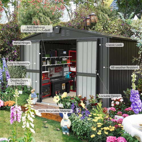 10x8ft galvanized steel outdoor storage shed with lockable sliding doors in dark gray - angle 4 detail