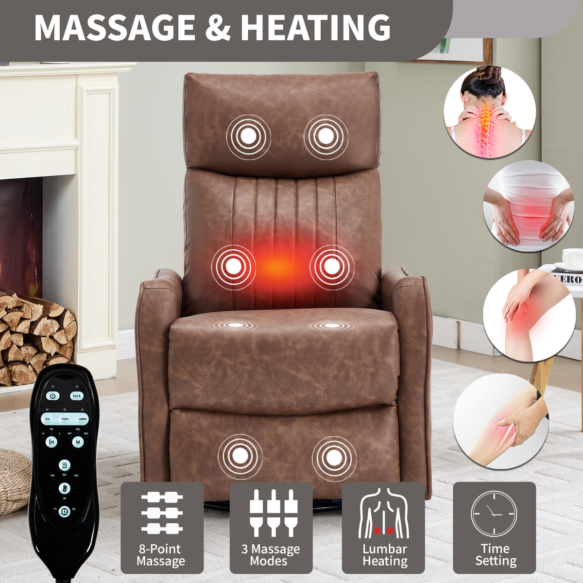 Brown Heat Massage Manual Recliner Chair with Rocker and Swivel in Faux Leather - Image 3
