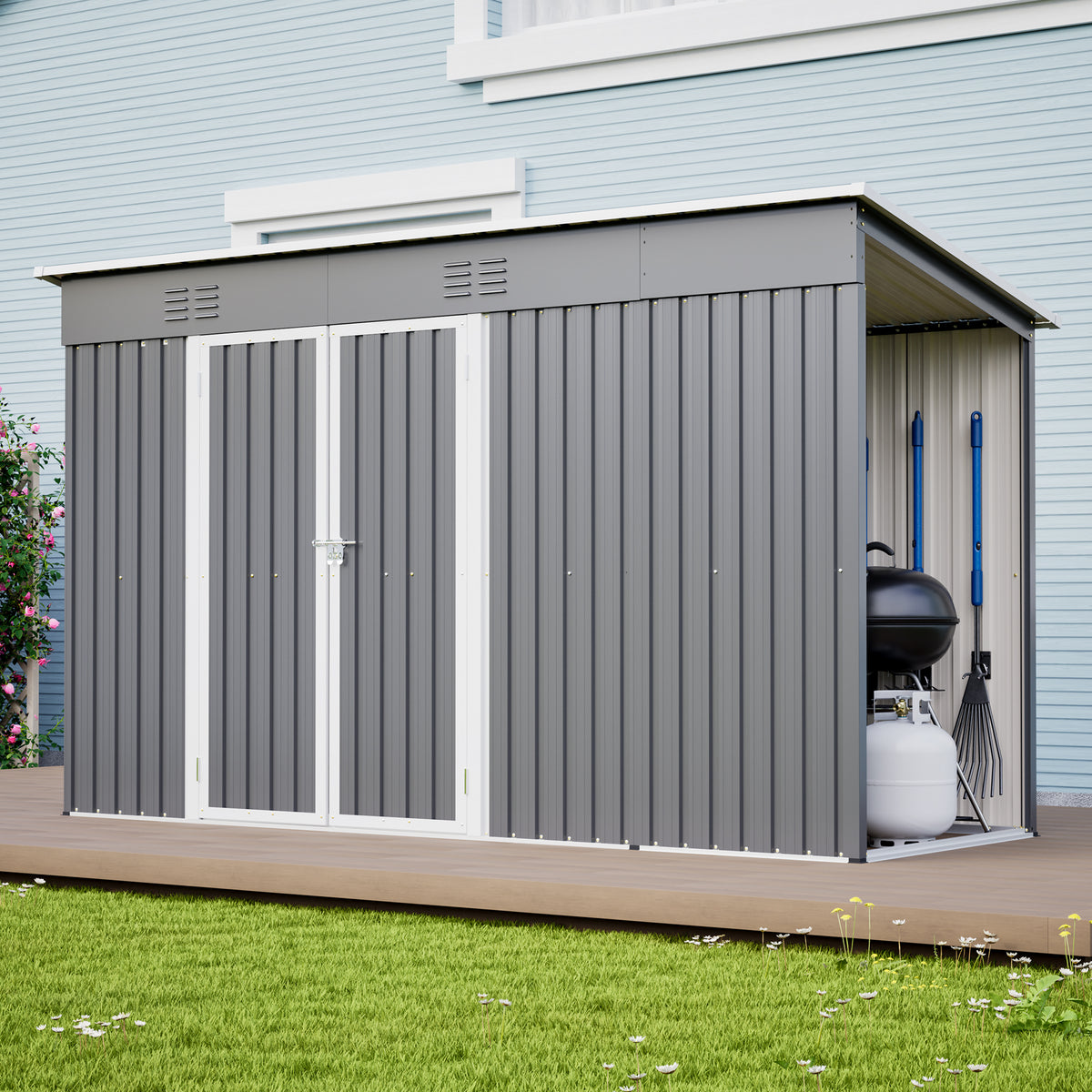 10 X4 Outdoor Metal Storage Shed For Garden Tools Lockable Door With Floor Frame