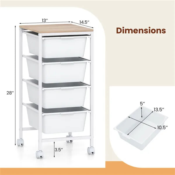 4 Drawer Rolling Storage Cart Mobile Utility Organizer With MDF Wooden Top (Natural) - Image 2