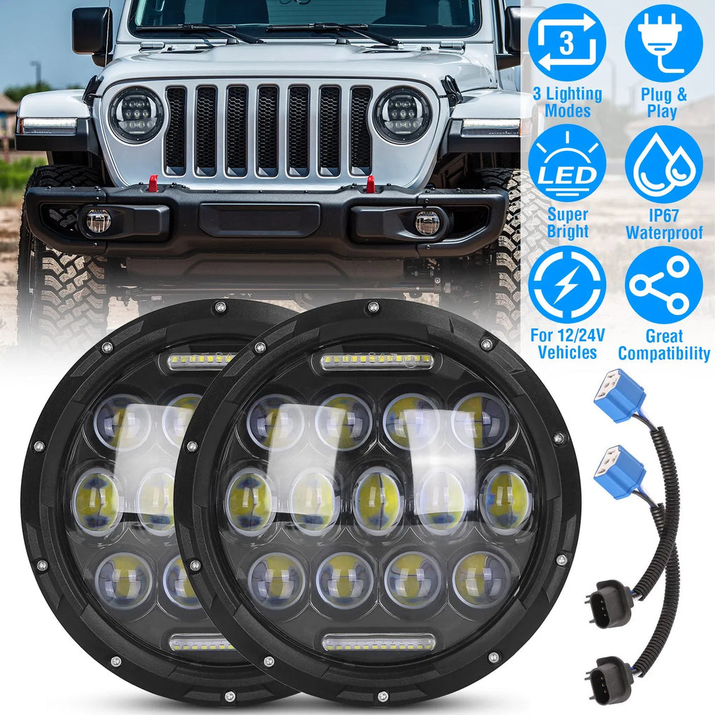 2Pcs 7In 75W Round LED Headlight 3500LM Halo Car Headlamp with DRL High Low
